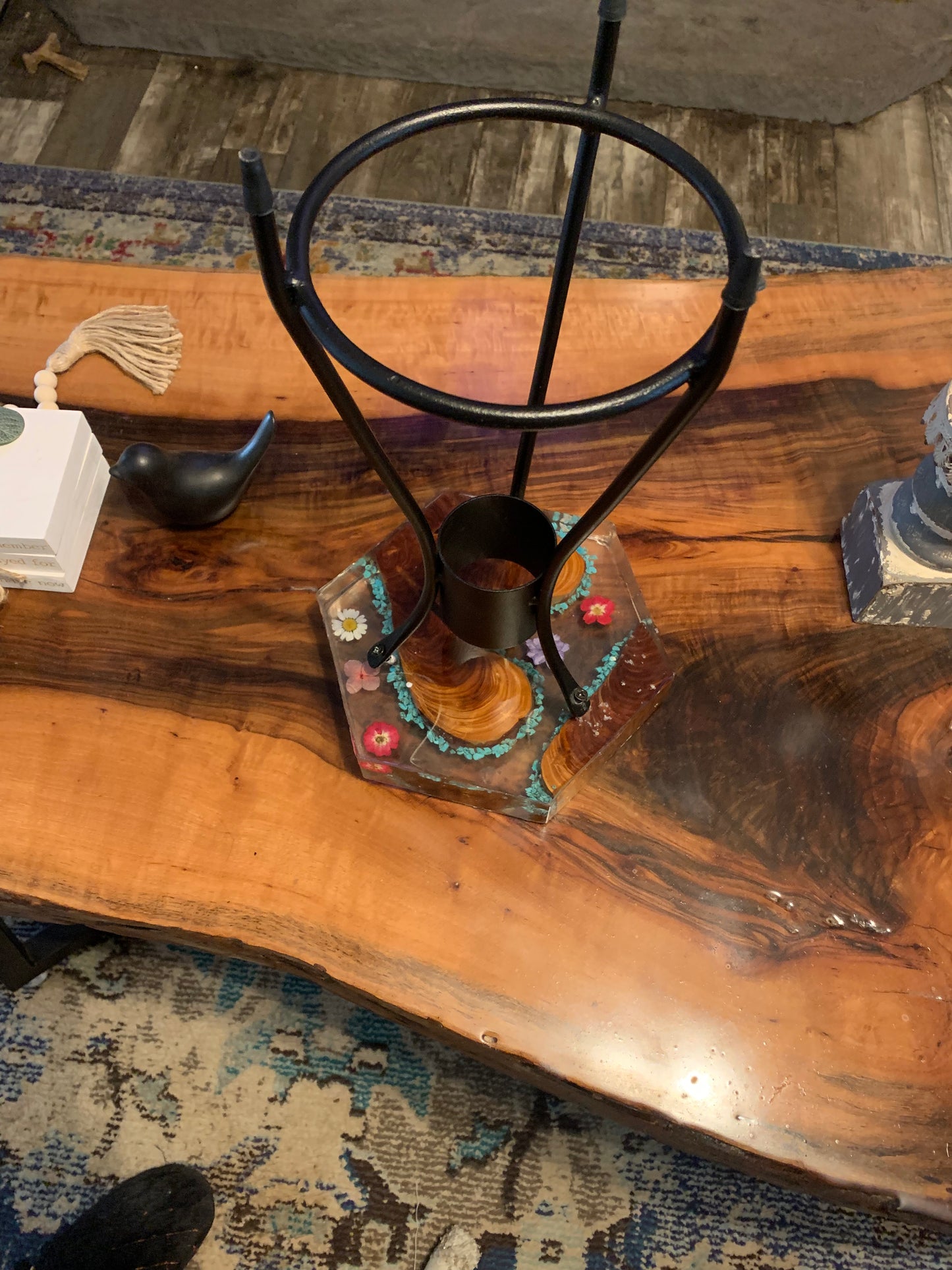 Custom Wood and Flower Clear Epoxy River Style Plant Stand