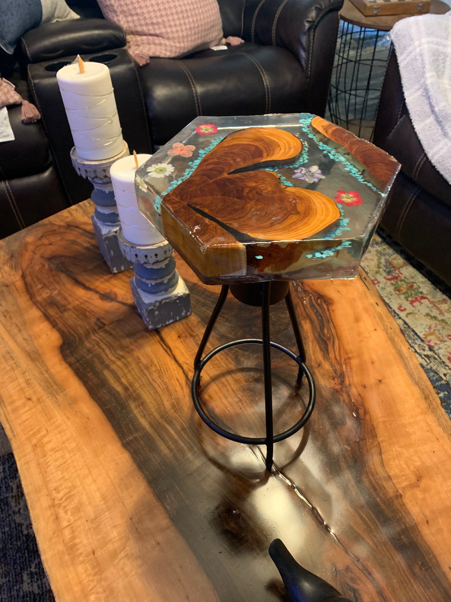 Custom Wood and Flower Clear Epoxy River Style Plant Stand