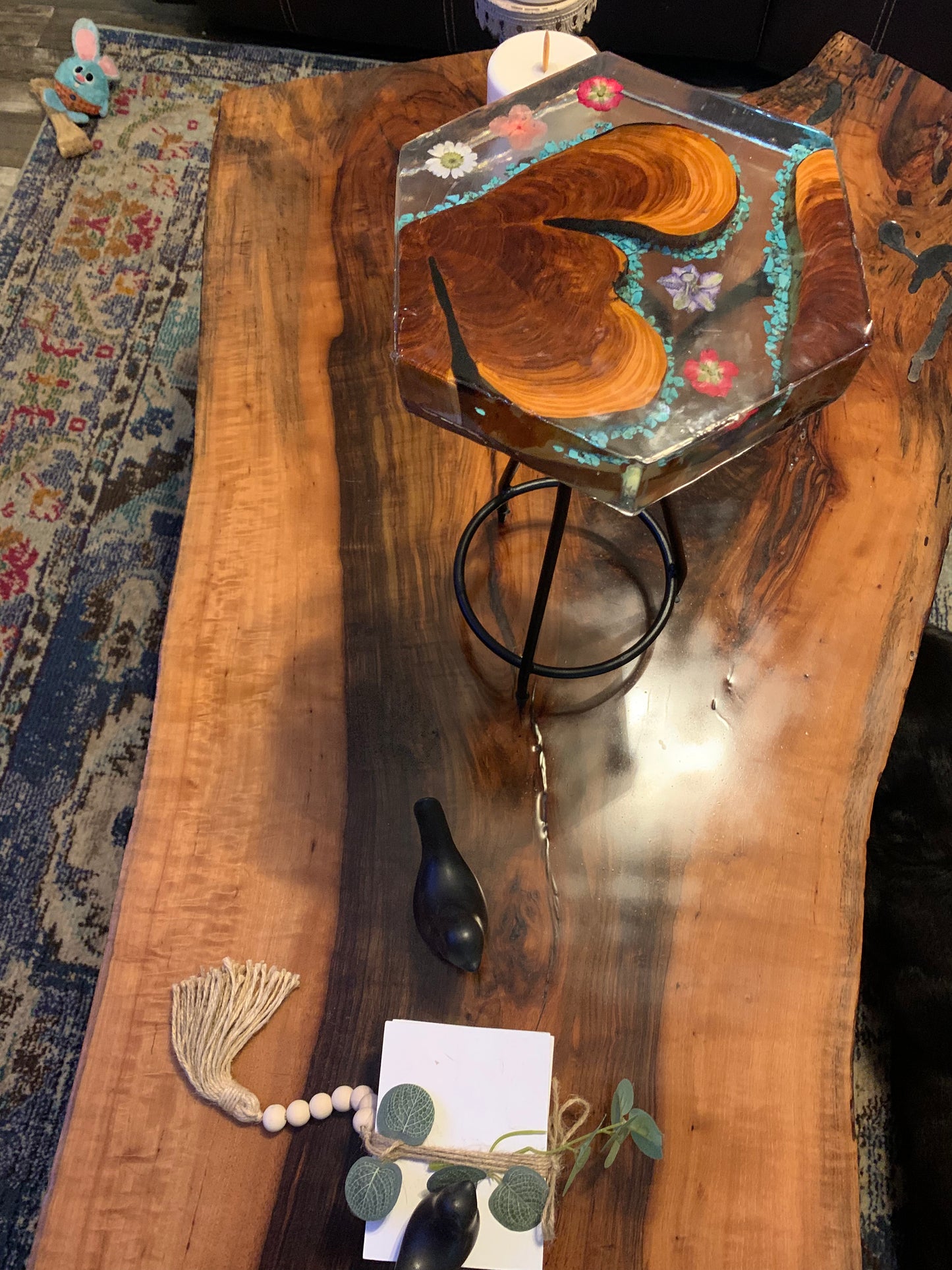 Custom Wood and Flower Clear Epoxy River Style Plant Stand