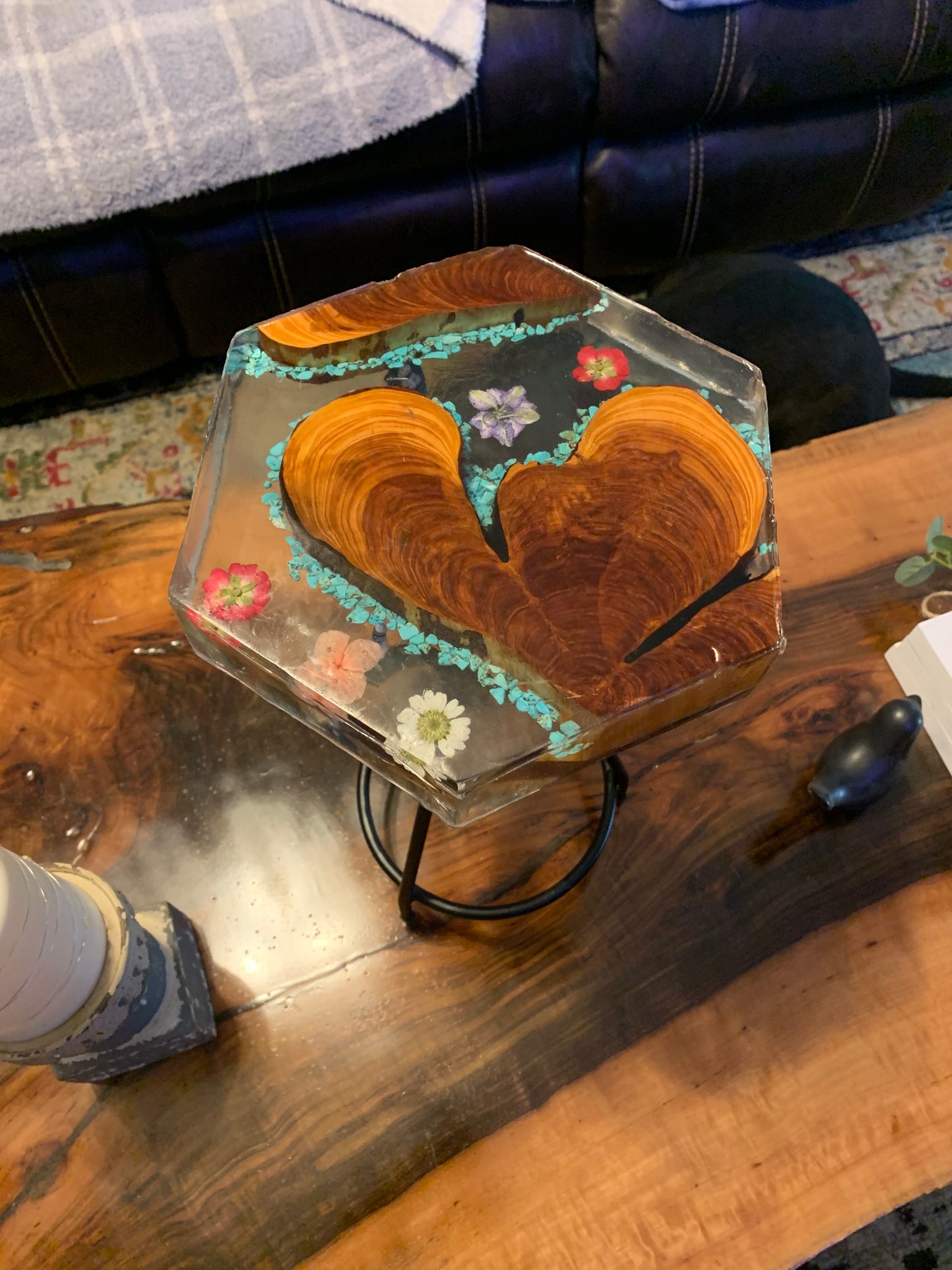 Custom Wood and Flower Clear Epoxy River Style Plant Stand