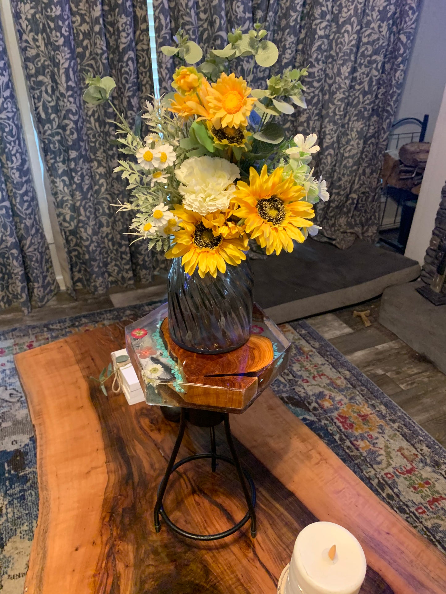 Custom Wood and Flower Clear Epoxy River Style Plant Stand
