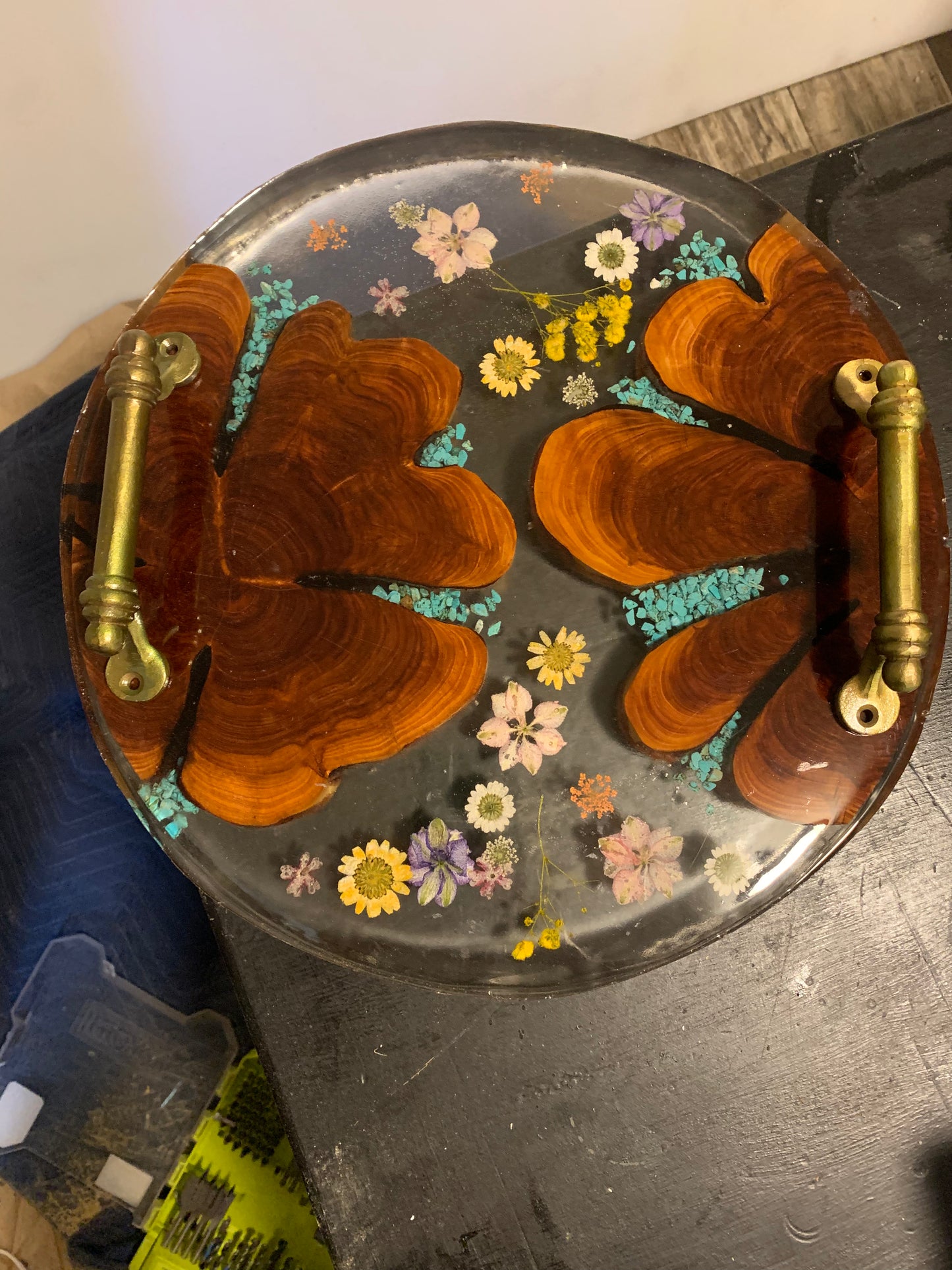 Custom Wood and Flower Clear Epoxy River Style Serving Tray with Inlayed Turquoise