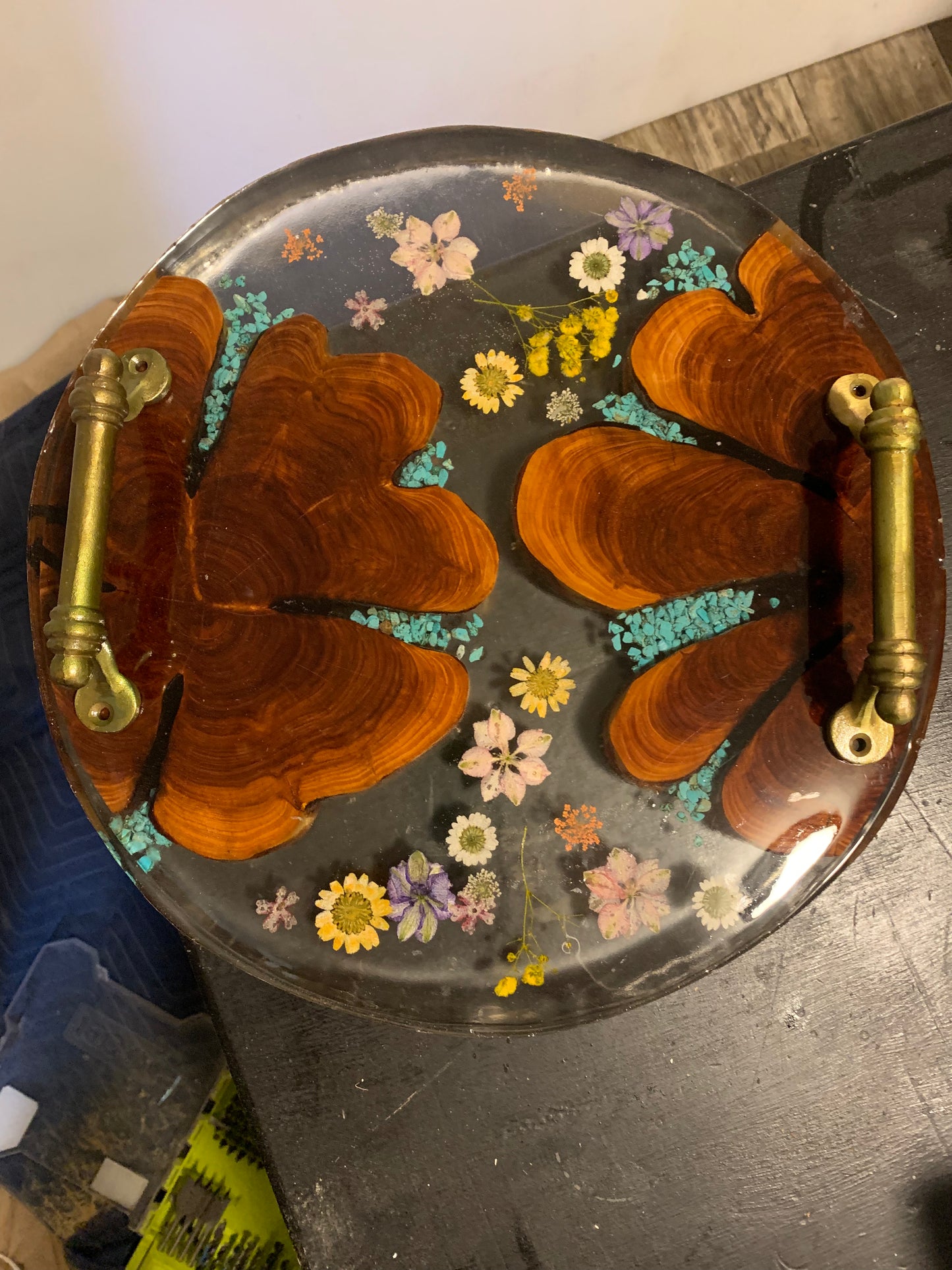 Custom Wood and Flower Clear Epoxy River Style Serving Tray with Inlayed Turquoise