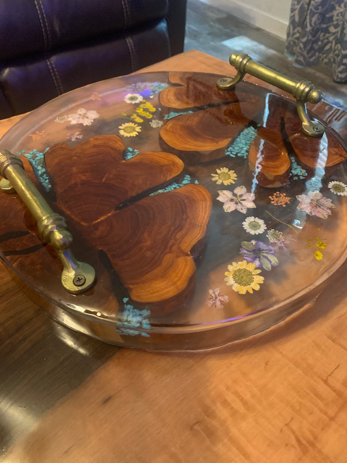 Custom Wood and Flower Clear Epoxy River Style Serving Tray with Inlayed Turquoise