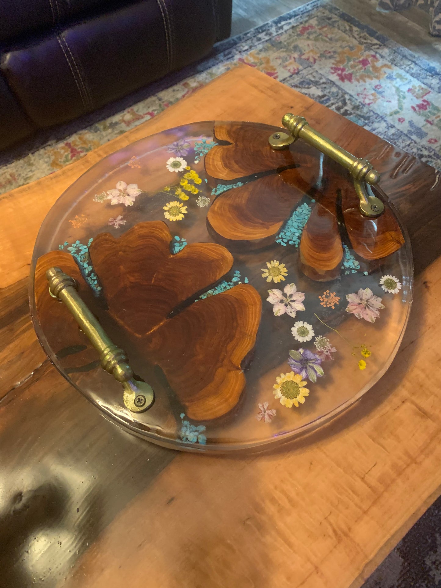 Custom Wood and Flower Clear Epoxy River Style Serving Tray with Inlayed Turquoise