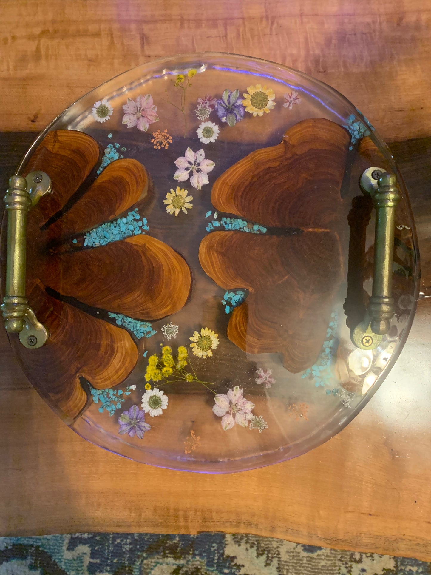 Custom Wood and Flower Clear Epoxy River Style Serving Tray with Inlayed Turquoise