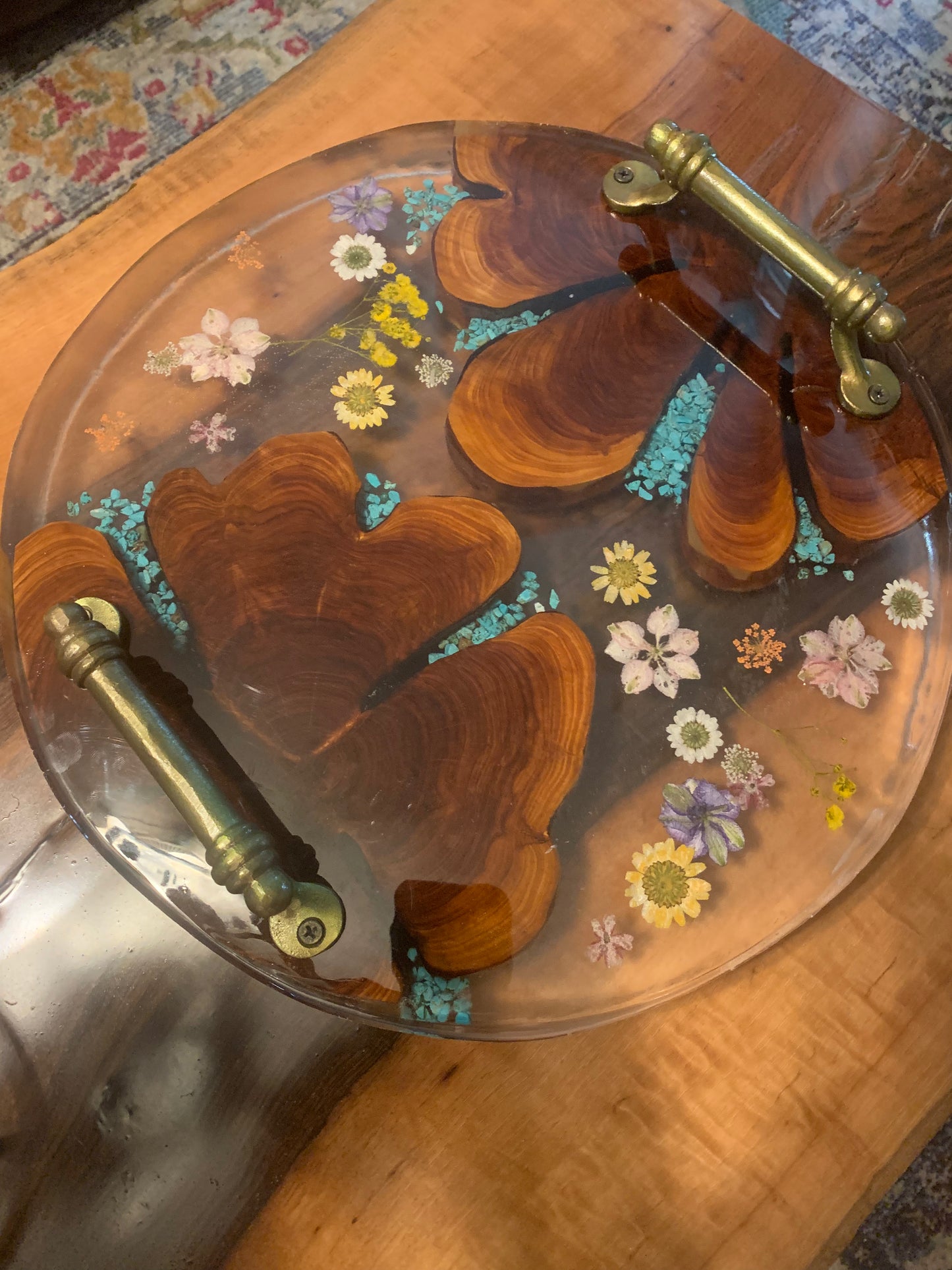 Custom Wood and Flower Clear Epoxy River Style Serving Tray with Inlayed Turquoise
