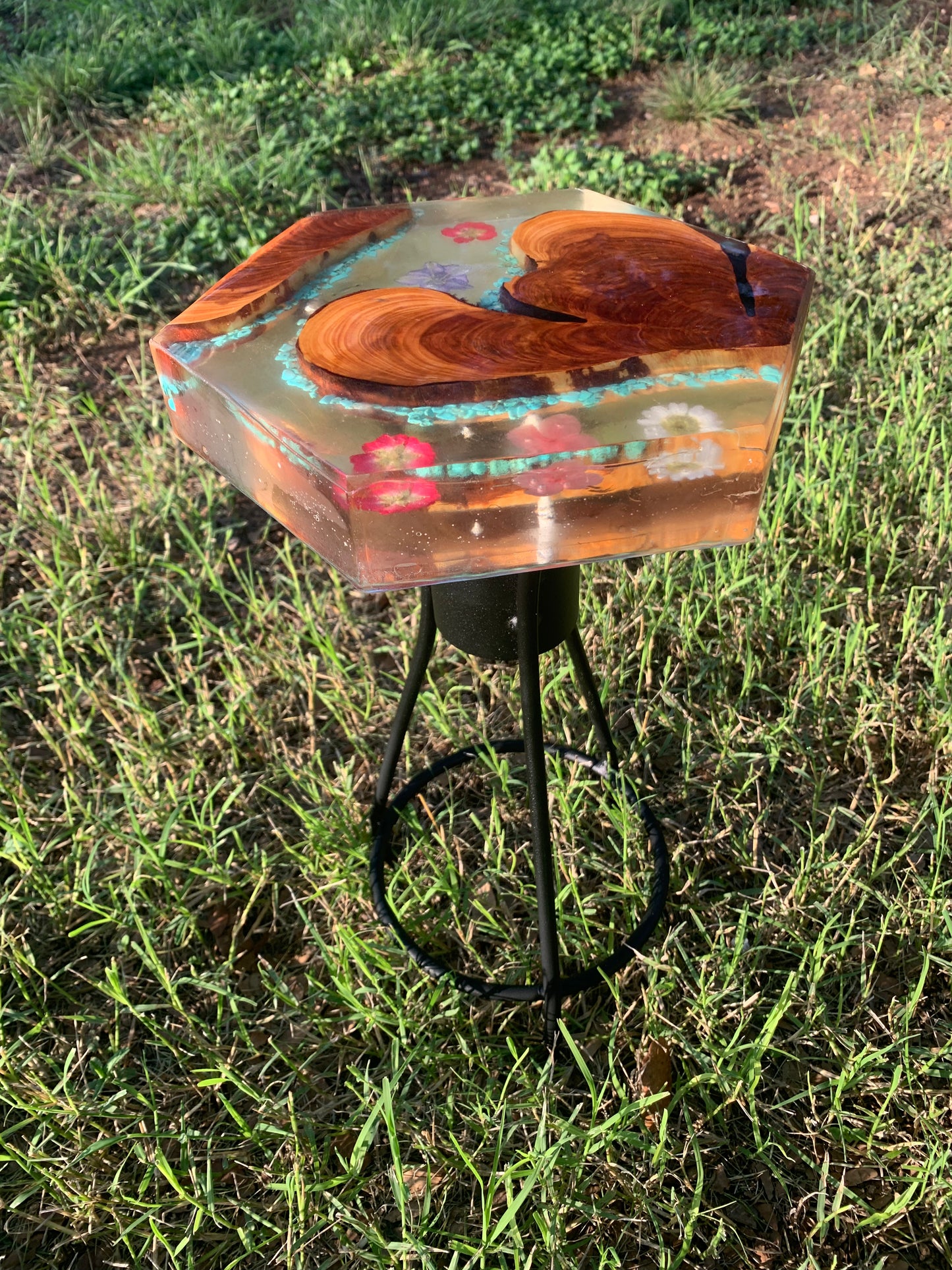 Custom Wood and Flower Clear Epoxy River Style Plant Stand