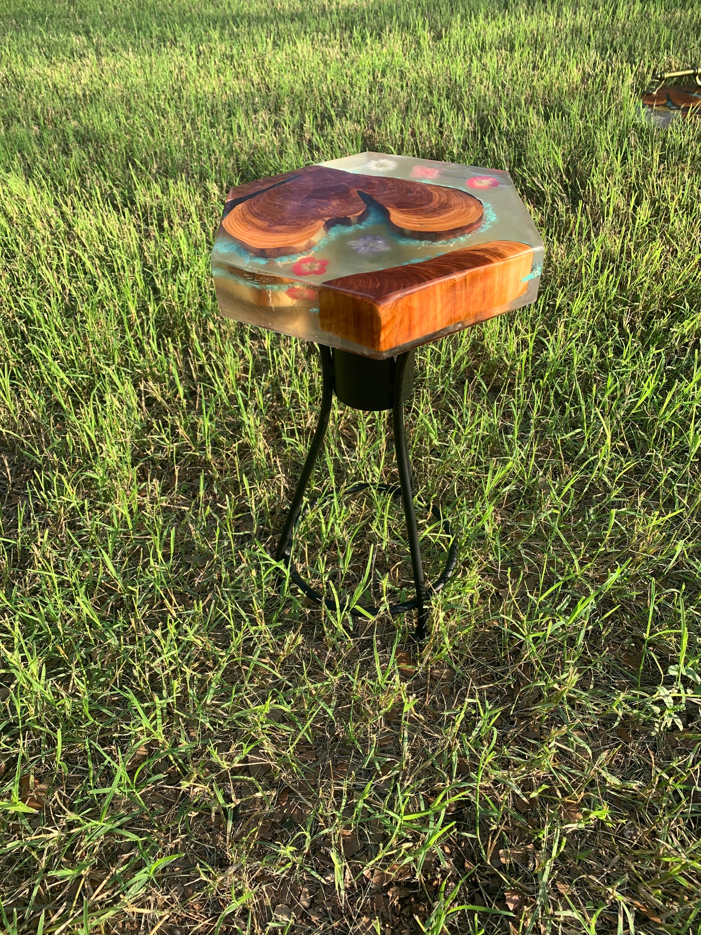 Custom Wood and Flower Clear Epoxy River Style Plant Stand