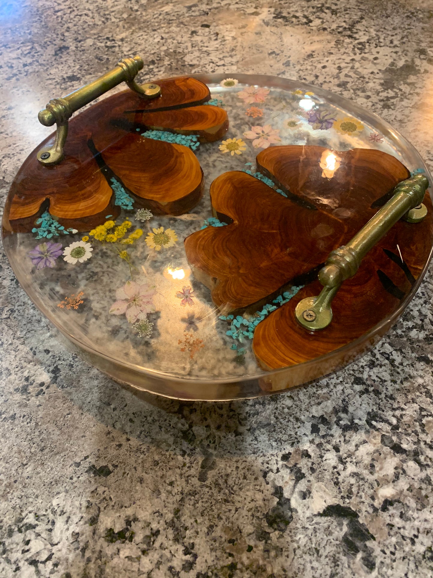 Custom Wood and Flower Clear Epoxy River Style Serving Tray with Inlayed Turquoise