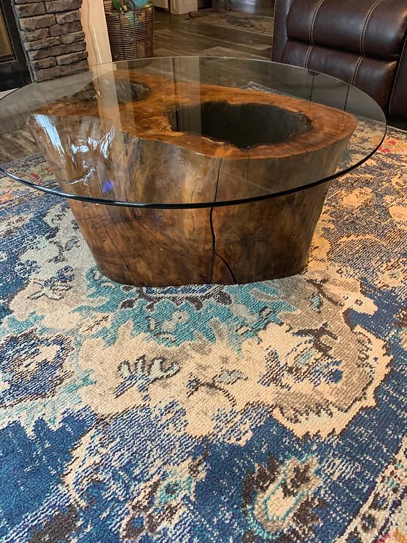 36in Glass Top Spalted Cedar Elm Base Table