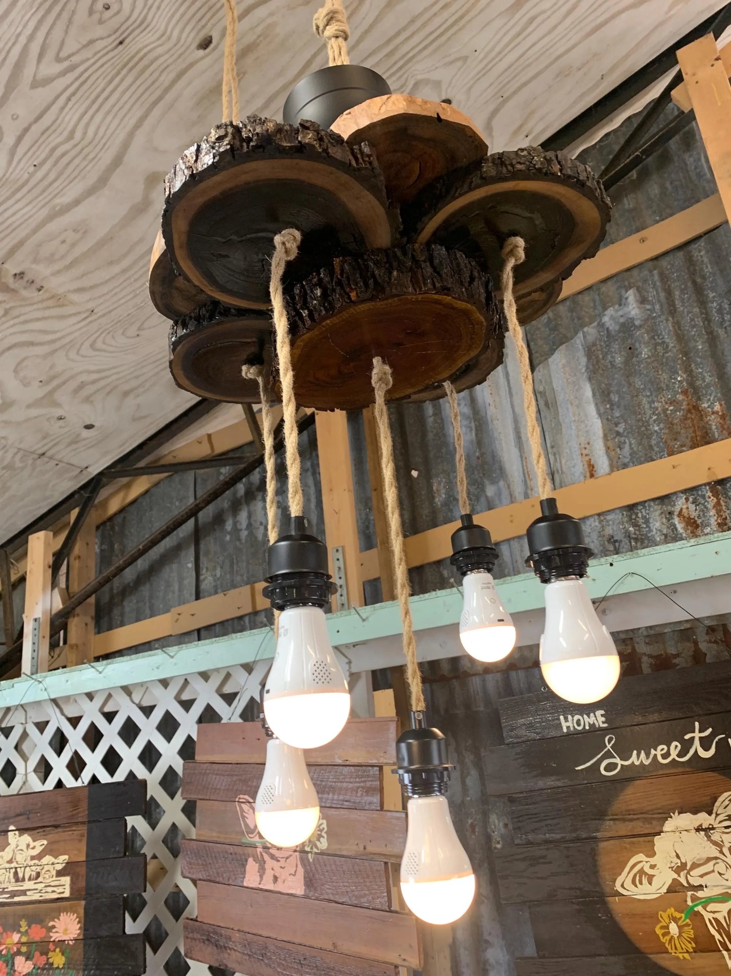 Custom Live Edge Wood Medallion and Rope Hanging Chandelier