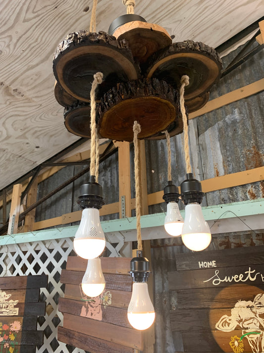 Custom Live Edge Wood Medallion and Rope Hanging Chandelier