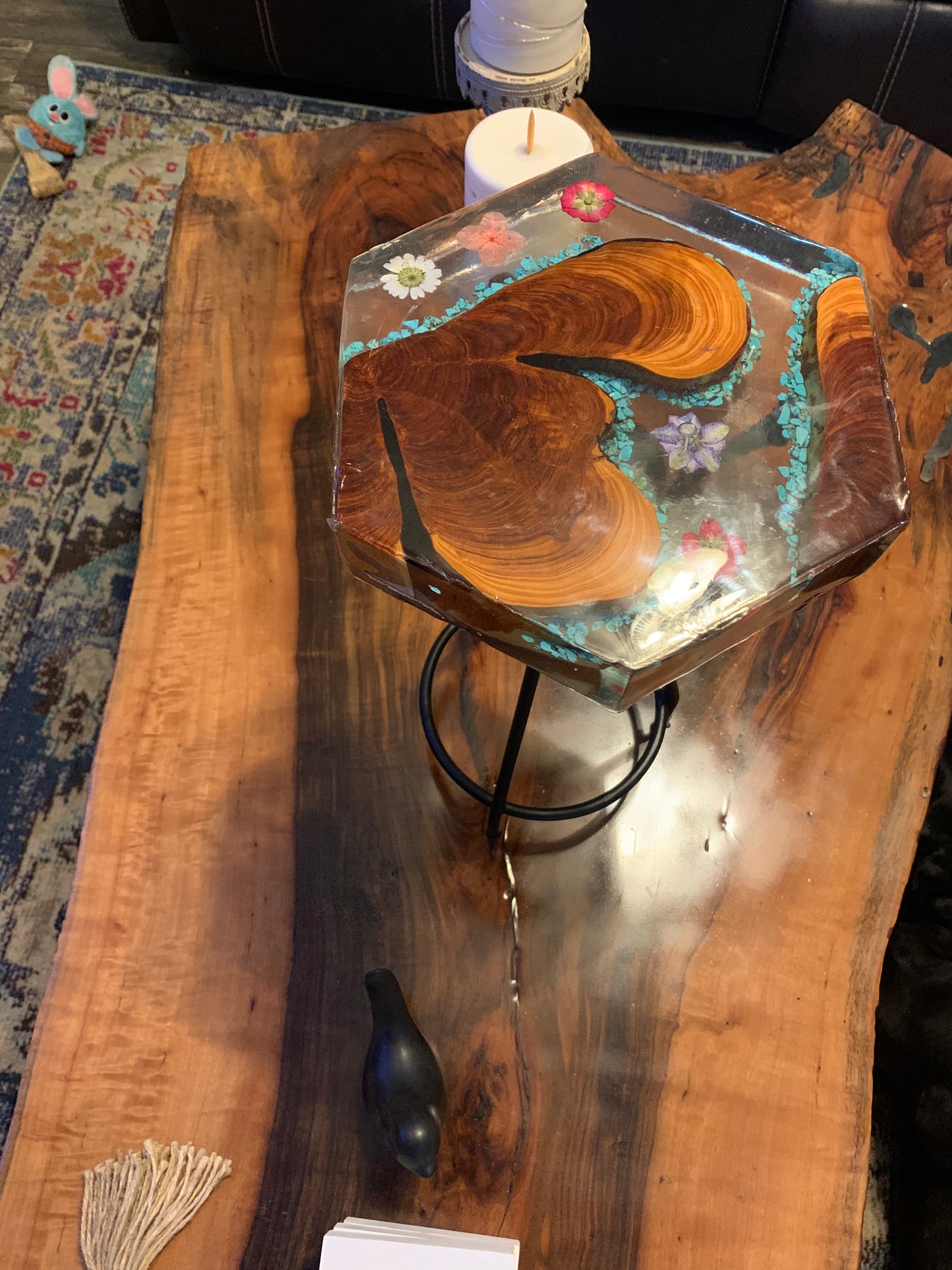 Custom Wood and Flower Clear Epoxy River Style Plant Stand