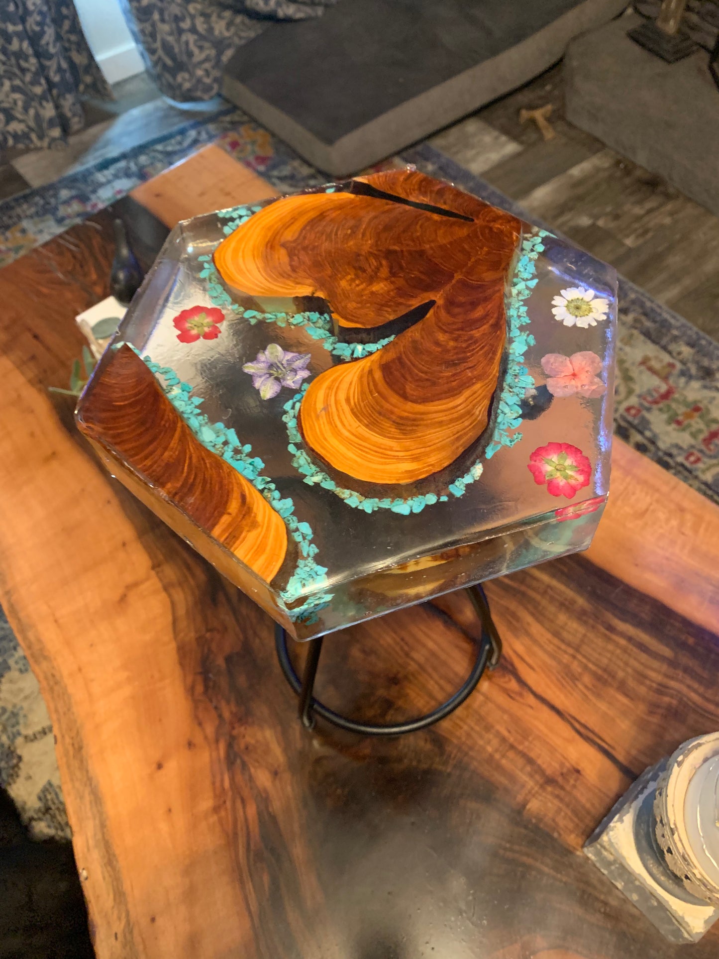 Custom Wood and Flower Clear Epoxy River Style Plant Stand