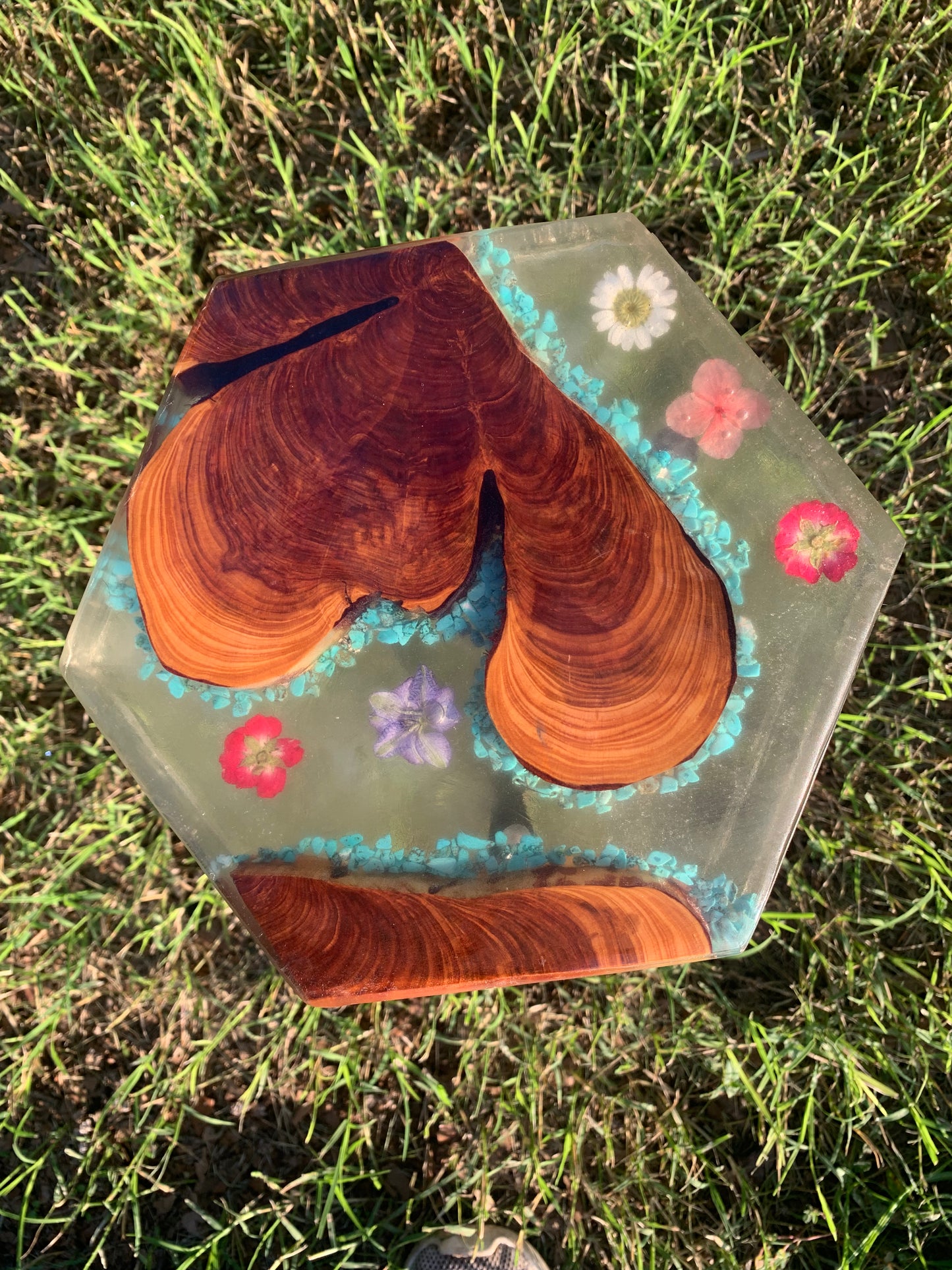 Custom Wood and Flower Clear Epoxy River Style Plant Stand