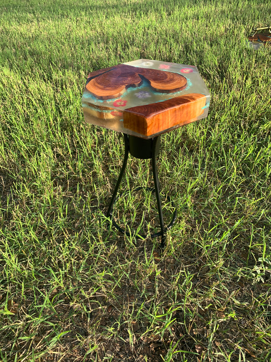 Custom Wood and Flower Clear Epoxy River Style Plant Stand