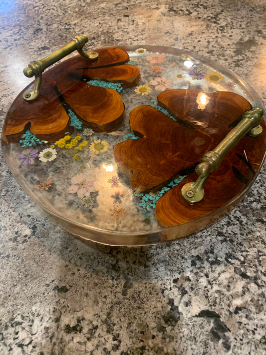 Custom Wood and Flower Clear Epoxy River Style Serving Tray with Inlayed Turquoise